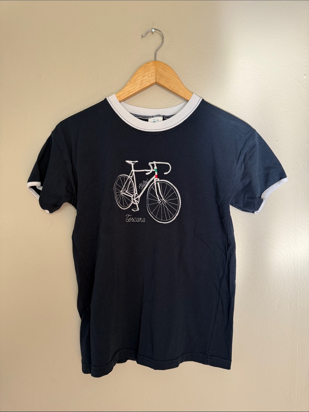 Navy Italy embroidered Bike Graphic Ringer T-Shirt small/medium